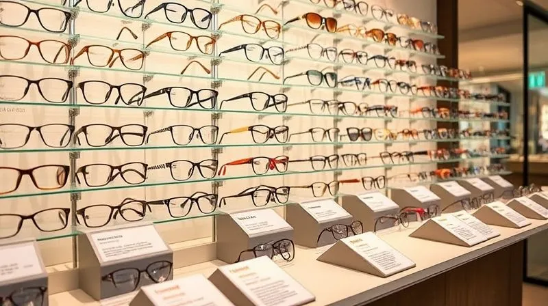 A beautifully curated display of iconic eyewear frames in a high-end boutique. Each frame is meticulously placed, with subtle informational cards detailing its history and design. Soft, focused lighting highlights the frames, creating an inviting and educational atmosphere. Photorealistic, professional photography, 8K, cinematic lighting, sharp focus on the display, depth of field blurring the background, shot on a high-end DSLR.