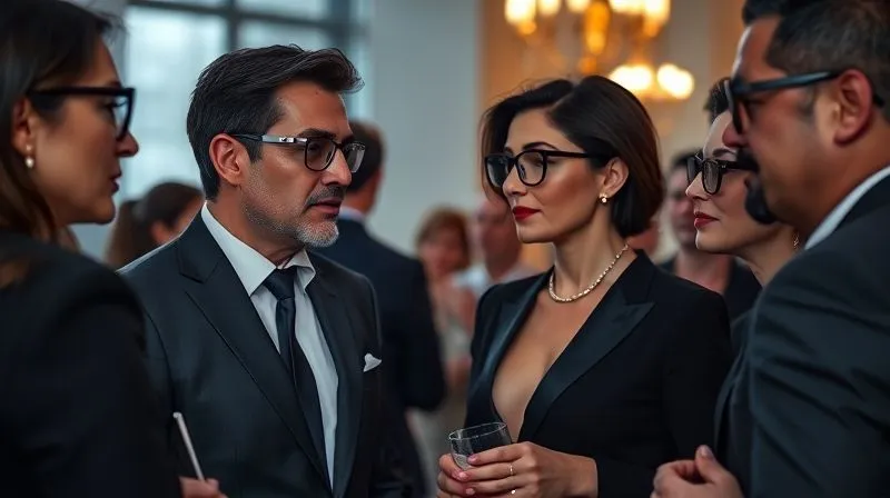A photorealistic, professional photography, 8K, cinematic lighting, sharp focus, depth of field, shot on a high-end DSLR, depicting a diverse group of affluent individuals, dressed elegantly, engaging in sophisticated conversation at a high-end social event. They are subtly showcasing their designer eyewear as a statement of personal style and status, with a focus on their expressions of confidence and discernment.