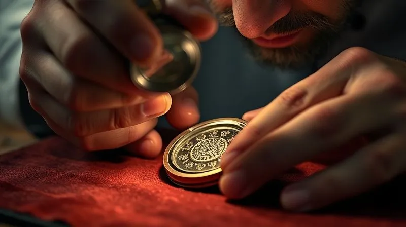 A close-up, photorealistic, professional photography, 8K, cinematic lighting, sharp focus, depth of field shot of an experienced jeweler's hands gently examining an intricate antique locket with a magnifying loupe, on a velvet cloth. Soft light highlights the details of the metalwork and the jeweler's focused expression.