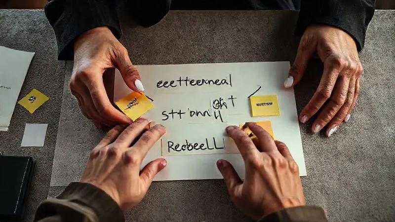 A photorealistic, professional photography, 8K, cinematic lighting, sharp focus, depth of field, shot on a high-end DSLR of a fashion creative director's hands meticulously arranging a physical mood board, with sticky notes pointing to key themes and keywords like 'ethereal', 'strength', 'minimalist', and 'rebellion', on a textured surface, symbolizing the deconstruction of abstract ideas into concrete concepts.
