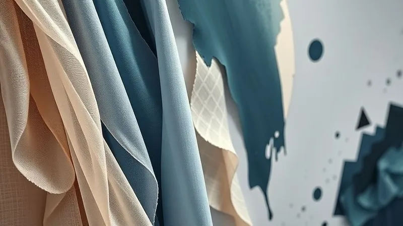A photorealistic, professional photography, 8K, close-up of a meticulously arranged mood board for a conceptual costume design, featuring swatches of diverse fabrics – translucent silks, rough hessian, metallic weaves – alongside abstract paint strokes in a gradient of cool blues and greys, and fragmented geometric shapes. Cinematic lighting casts soft shadows, highlighting the textures, with sharp focus and depth of field. Shot on a high-end DSLR.