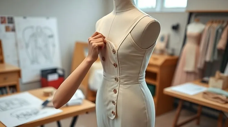 A photorealistic, professional photography, 8K, of a costume designer meticulously pinning and adjusting a muslin mock-up on a dress form in a brightly lit studio. Various sketches and fabric swatches are visible on a nearby table. Cinematic lighting highlights the detailed work, with sharp focus on the hands and the fabric, and depth of field blurring the background studio elements. Shot on a high-end DSLR.