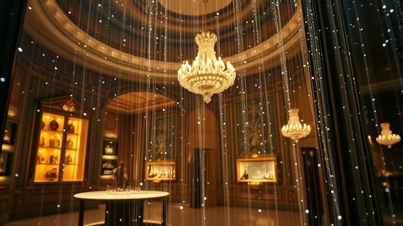 A photorealistic image of a shimmering digital veil, intricately woven with data points and light, partially obscuring a grand, opulent haute couture atelier, suggesting controlled access and digital mystique. Cinematic lighting, 8K, sharp focus, depth of field, shot on a high-end DSLR, professional photography.