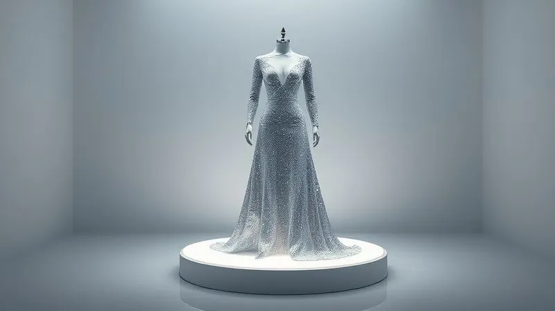 A photorealistic, highly detailed NFT artwork depicting a shimmering, futuristic haute couture garment, displayed on a glowing pedestal within a sleek, minimalist digital gallery. The background features subtle blockchain network lines, indicating digital ownership and rarity. Cinematic lighting, 8K, sharp focus, depth of field, shot on a high-end DSLR, professional photography, symbolizing digital luxury and collectible fashion.