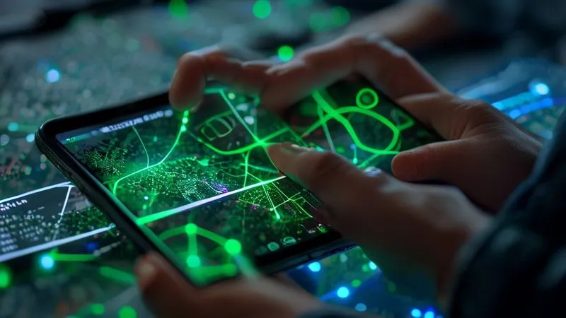 A photorealistic close-up of a smartphone screen displaying an interactive map of a sustainable fashion supply chain, with glowing green nodes representing farms and factories, connected by digital lines. A hand is holding the phone, and a blurred clothing label with a QR code is visible in the background. Professional photography, 8K, cinematic lighting, sharp focus on the phone screen, depth of field.