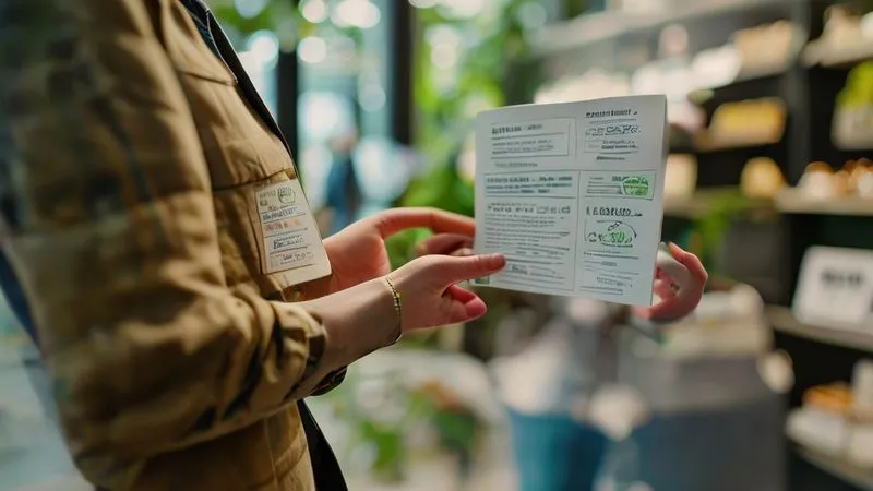 A photorealistic image of a discerning consumer holding a sustainable fashion product, meticulously examining its detailed label with various certification logos and origin information. The background shows a softly blurred, modern retail environment with natural light. Professional photography, 8K, cinematic lighting, sharp focus on the label and hands, depth of field.