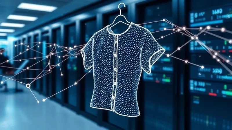 Photorealistic, professional photography, 8K, cinematic lighting, sharp focus, depth of field, shot on a high-end DSLR. A sophisticated, glowing network of interconnected data points and lines, representing clean, organized fashion sales data, flowing smoothly into a stylized, abstract rendering of a fashion garment, signifying the transformation from raw data to design. The background is a clean, modern data center environment.