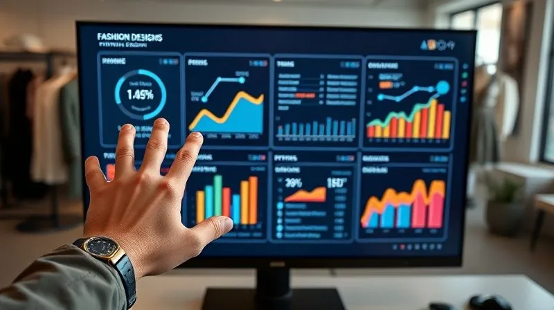 Photorealistic, professional photography, 8K, cinematic lighting, sharp focus, depth of field, shot on a high-end DSLR. A vibrant, interactive digital dashboard displaying key performance indicators (KPIs) for fashion design, including sell-through rates, return rates, and customer satisfaction. The dashboard is clean and modern, with graphs and charts clearly showing positive trends, presented on a large, sleek monitor in a design studio. A hand gestures towards the 'improving' trends.