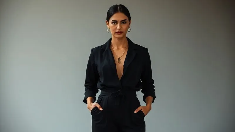 A full-length, photorealistic, professional photography, 8K, cinematic lighting, sharp focus, depth of field, shot on a high-end DSLR, of a model wearing a minimalist, tailored black jumpsuit. Her only accessory is a striking, oversized vintage gold pendant necklace, centrally placed, creating a powerful statement against the clean silhouette.