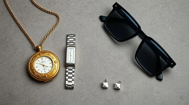 A flat lay, photorealistic, professional photography, 8K, cinematic lighting, sharp focus, depth of field, shot on a high-end DSLR, featuring a carefully arranged collection of accessories: a vintage gold locket, a sleek modern silver watch, a pair of minimalist geometric stud earrings, and a contemporary oversized square sunglasses frame, all on a textured concrete surface, illustrating the harmonious blend of old and new.