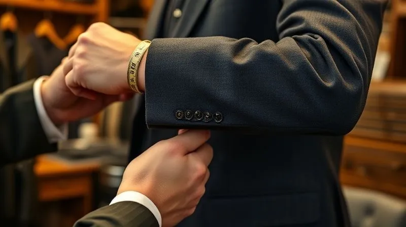 A photorealistic, professional photography shot of a tailor's hands meticulously adjusting the sleeve length of a high-quality men's suit jacket, with pins and measuring tape visible. The fabric is a rich, dark wool. The lighting is warm and focused on the hands and garment, emphasizing craftsmanship and precision. Sharp focus on the detail, with a soft depth of field blurring the background of a traditional tailoring workshop. Shot on a high-end DSLR, 8K hyper-detailed.