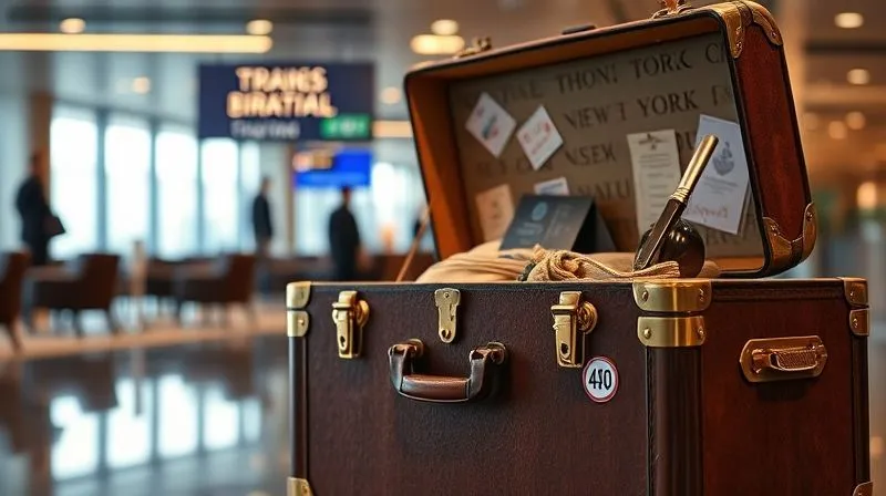 A photorealistic image of a vintage luxury travel trunk with classic brass fittings, adorned with subtle, elegant stickers or labels representing diverse global cities like Tokyo, New York, and Paris. The trunk is open slightly, revealing a glimpse of luxurious, culturally specific items. Cinematic lighting, sharp focus on the trunk and its details, depth of field blurring a sophisticated, international airport lounge. 8K hyper-detailed, professional photography, shot on a high-end DSLR.