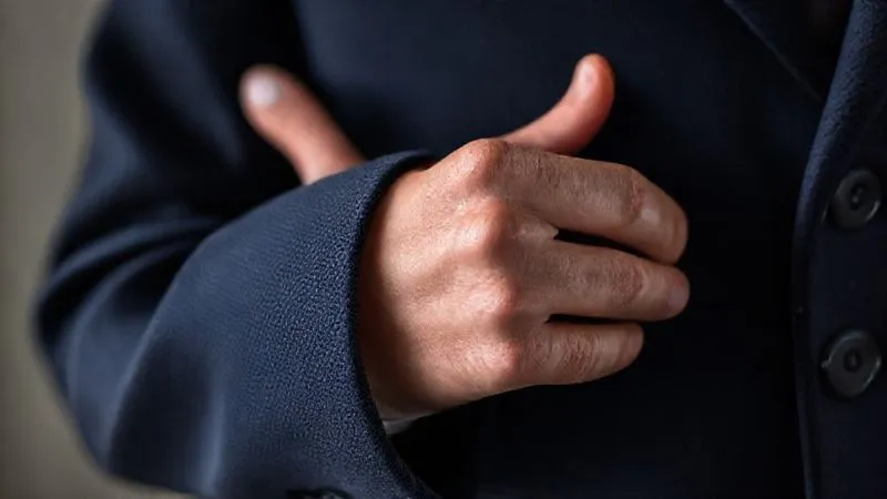 photorealistic, professional photography, 8K, cinematic lighting, sharp focus, depth of field, shot on a high-end DSLR, extreme close-up of a hand gently touching the sleeve of a luxurious, dark navy worsted wool blazer, showing the fine texture of the fabric and impeccable stitching. The lighting highlights the quality and soft sheen of the material.