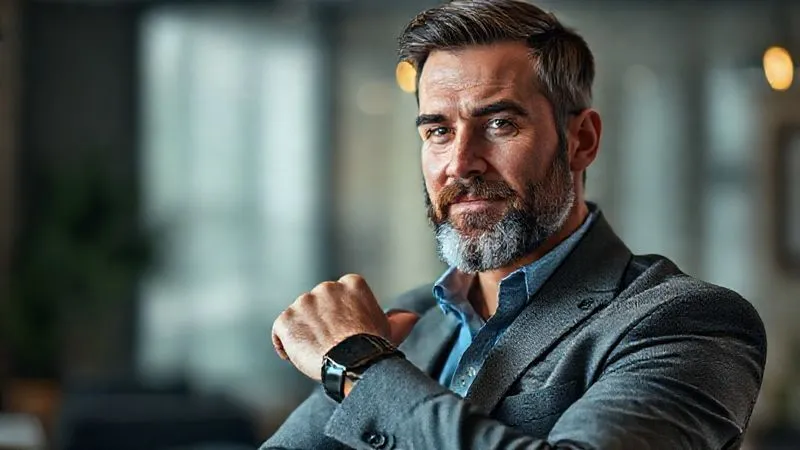 photorealistic, professional photography, 8K, cinematic lighting, sharp focus, depth of field, shot on a high-end DSLR, a confident man in his late 30s with a neatly trimmed beard, dressed in a sharp smart casual outfit, subtly adjusting his classic wrist watch, a warm, inviting office background blurred, conveying a sense of readiness and calm professionalism
