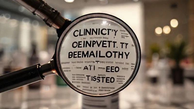 A photorealistic, professional photography, 8K image of a magnifying glass hovering over a complex beauty product label with various claims like 'clinically proven' and 'dermatologist tested' highlighted. The background is a soft blur of a modern beauty counter, with cinematic lighting emphasizing the details on the label. Sharp focus on the magnified text, depth of field blurring the surroundings, shot on a high-end DSLR.
