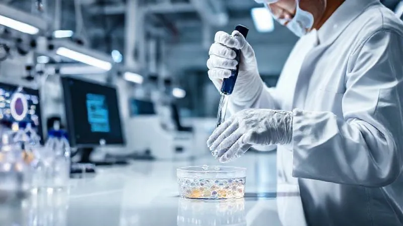 A photorealistic, professional photography, 8K image inside a modern, sterile laboratory setting. A researcher in a white lab coat is carefully pipetting a liquid into a petri dish containing cell cultures, with complex scientific equipment and glowing monitors in the background. Cinematic lighting highlights the precision and clean environment. Sharp focus on the hands and petri dish, depth of field blurring the background, shot on a high-end DSLR.