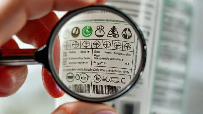 A photorealistic, professional photography, 8K image of a beauty product label with various regulatory symbols and greenwashing phrases like 'natural' and 'clean' highlighted, creating a sense of confusion. A hand is holding a magnifying glass over the label, trying to decipher the information. Cinematic lighting, sharp focus on the label, depth of field blurring the background, shot on a high-end DSLR.