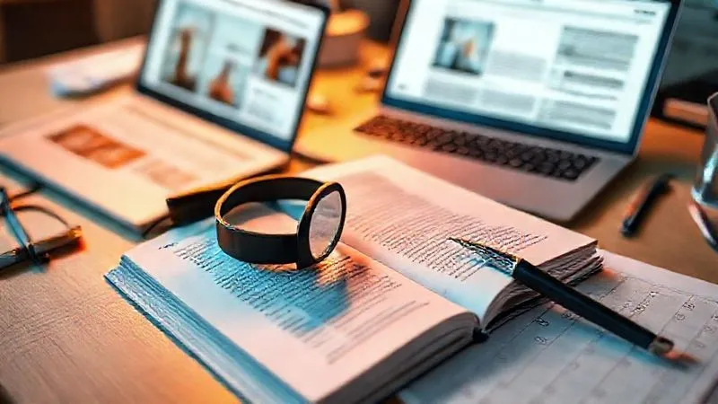 A photorealistic, professional photography, 8K image of a meticulously organized desktop with an open science journal, a magnifying glass resting on a beauty product label, a laptop displaying a research article, and a pen poised over a checklist. The scene is bathed in warm, cinematic lighting, suggesting focused investigation. Sharp focus on the journal and label, depth of field blurring the background, shot on a high-end DSLR.
