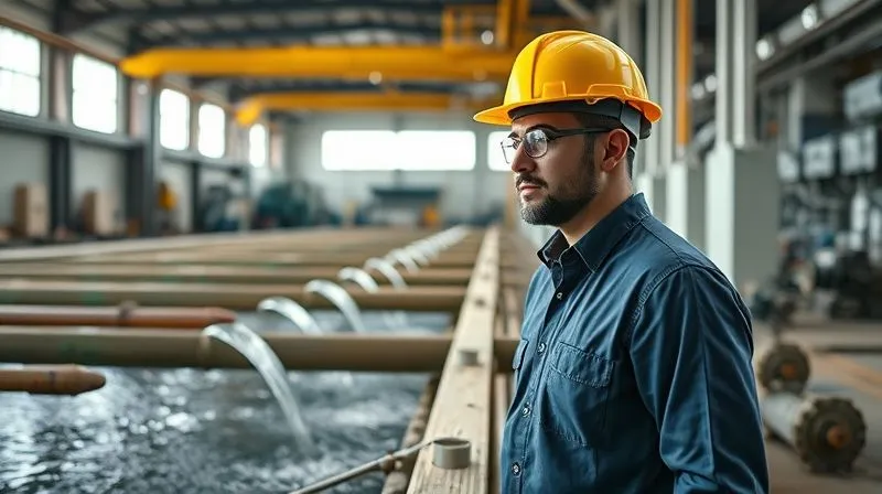photorealistic, professional photography, 8K, cinematic lighting, sharp focus, depth of field, shot on a high-end DSLR, a sustainability consultant in a factory, wearing a hard hat, inspecting a sophisticated wastewater treatment system, with clean water visibly flowing, conveying environmental responsibility and on-site verification, industrial but clean aesthetic, natural light.