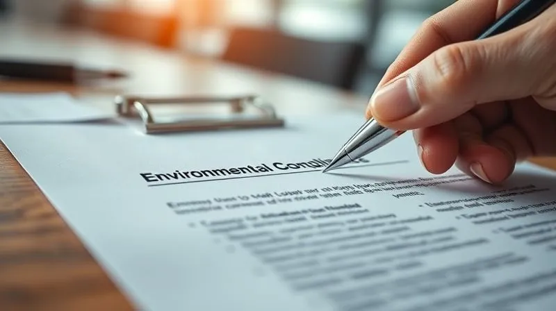 photorealistic, professional photography, 8K, cinematic lighting, sharp focus, depth of field, shot on a high-end DSLR, a close-up of a contract document with a pen, highlighting a section on 'Environmental Compliance' or 'Ethical Sourcing', with a blurred background showing a hand pointing to a clause, conveying the importance of legal safeguards in sustainable supply chains, professional office setting.