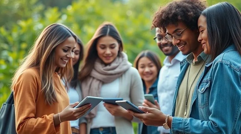 A photorealistic, professional photography, 8K, cinematic lighting, sharp focus, depth of field, shot on a high-end DSLR, depicting a diverse group of people confidently interacting with digital interfaces (tablets, phones) displaying transparent supply chain data for fashion items, with a lush, green, sustainable environment in the background, symbolizing a future of informed choices and environmental harmony.