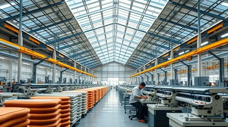 A photorealistic, professional photography, 8K, cinematic lighting, sharp focus, depth of field shot of a bustling, modern textile factory floor, but with visible elements of green technology: solar panels on the roof (seen through a skylight), advanced water recycling systems in action, and workers operating machinery in a clean, well-lit environment. The scene should convey efficiency and environmental responsibility.
