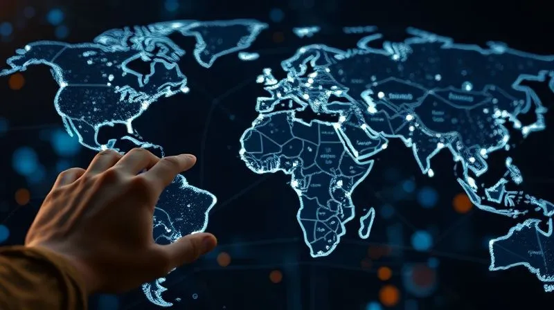 A photorealistic, professional photography, 8K, cinematic lighting, sharp focus, depth of field, shot on a high-end DSLR. An intricate, glowing digital map of the world, with interconnected lines representing a textile supply chain. Data points light up along the path from a cotton field to a spinning mill, a dyeing facility, and finally a garment factory. The image conveys complexity managed by technology, with a subtle human hand reaching towards the holographic map.