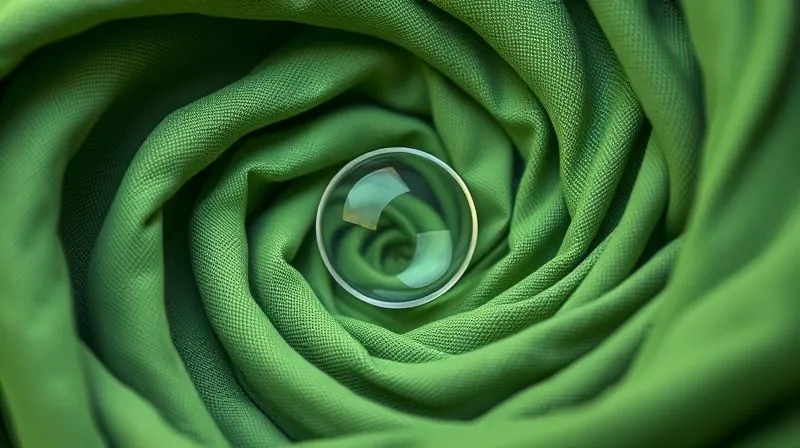 A professional photorealistic image of a highly stylized, swirling vortex of green and grey fabric, with a single, clear magnifying glass at its center, symbolizing the confusion of greenwashing and the need for clarity. The background is blurred, suggesting a complex industry. 8K, cinematic lighting, sharp focus on the magnifying glass, depth of field, shot on a high-end DSLR, conveying complexity and the need for scrutiny.
