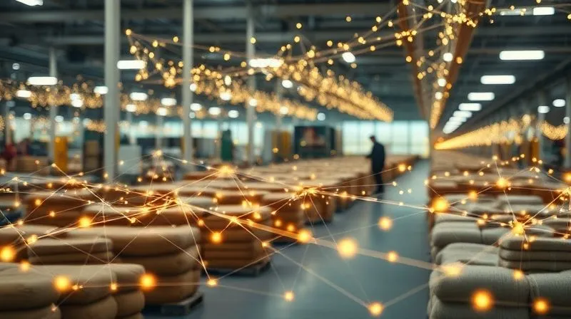 A professional photorealistic image of an intricate, glowing digital network overlaying a textile factory floor. Threads of light connect different stages of production, from raw material bales to finished fabrics, symbolizing supply chain transparency and traceability. 8K, cinematic lighting, sharp focus on the digital network, depth of field, shot on a high-end DSLR, conveying advanced tracking and interconnectedness.