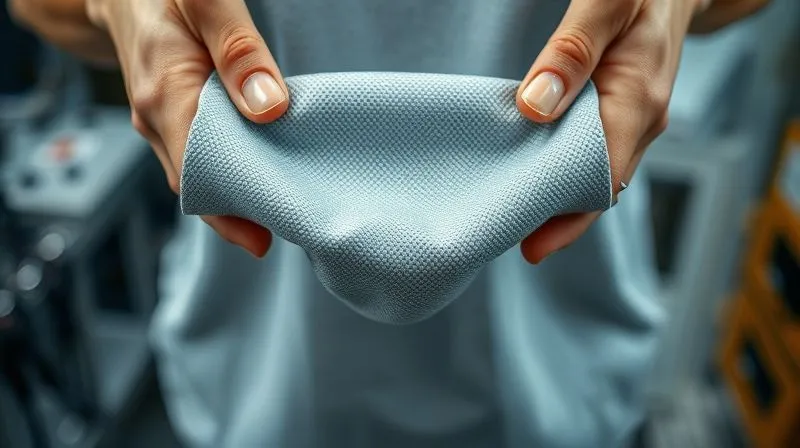 A professional photorealistic image of a highly durable, subtly textured fabric swatch being gently stretched and examined by hands, with a background hinting at textile testing equipment or a long-lasting garment. The fabric appears robust and resilient. 8K, cinematic lighting, sharp focus on the fabric and hands, depth of field, shot on a high-end DSLR, conveying quality, longevity, and performance.