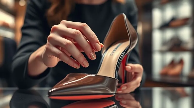A photorealistic image of a woman's hands gently inspecting the stitching and material quality of a high-end designer stiletto, demonstrating attention to detail in a luxury boutique setting. Cinematic lighting, sharp focus on the shoe, depth of field blurring the background. 8K, professional photography, shot on a high-end DSLR.