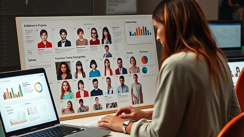 A photorealistic, professional photography, 8K, cinematic lighting, sharp focus, depth of field, shot on a high-end DSLR, of a fashion blogger meticulously analyzing a mood board filled with diverse audience personas, each with unique style preferences and demographic details, surrounded by open laptops displaying analytics dashboards. The overall mood is focused and strategic.