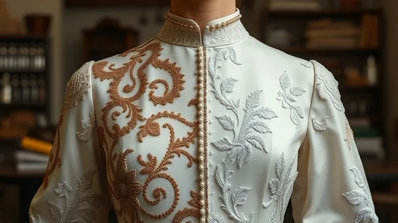 A photorealistic close-up of a vintage haute couture dress from the 1950s, with intricate hand-embroidery on one half, and the other half seamlessly transitioning into a modern, minimalist interpretation of the same design, using sleek, innovative fabric and subtle laser-cut details. Cinematic lighting highlights the contrast and harmony, sharp focus on the textile textures, depth of field blurring a historical fashion atelier in the background. 8K hyper-detailed, professional photography, shot on a high-end DSLR.