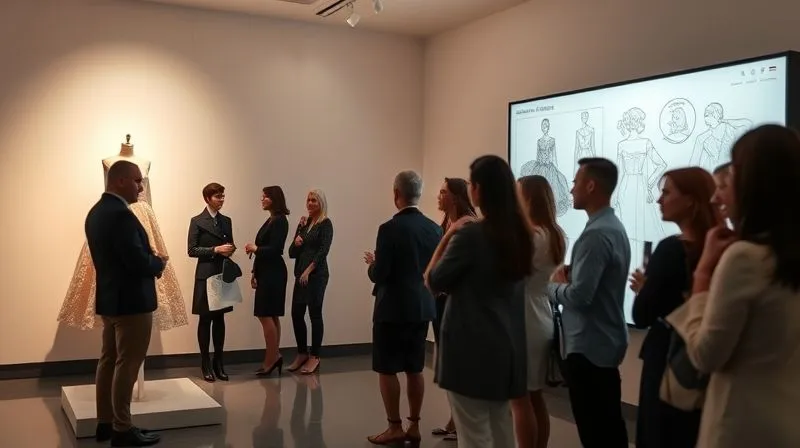 A photorealistic image of a luxurious, minimalist gallery space, where a single haute couture garment is displayed under a spotlight, and a diverse group of elegantly dressed people are interacting with a large, transparent touch screen showing archival footage and design sketches of the garment's creation. Cinematic lighting, sharp focus on the garment and the interactive screen, depth of field blurring the attentive faces of the guests. 8K hyper-detailed, professional photography, shot on a high-end DSLR.