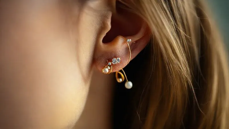 A photorealistic, professional photography, 8K, cinematic lighting, sharp focus, depth of field. A close-up shot of an 'earscape' featuring multiple delicate gold hoops, tiny diamond studs, and a small pearl cuff, all artfully arranged on a model's ear. The lighting emphasizes the sparkle and layering, showcasing the personalized and intricate nature of this jewelry trend. Shot on a high-end DSLR.