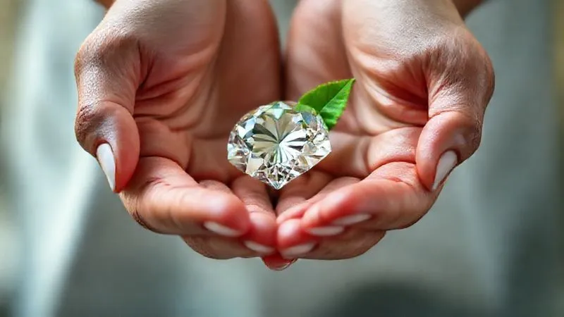 A photorealistic, professional photography, 8K, cinematic lighting, sharp focus, depth of field. Two hands gently hold a sparkling lab-grown diamond between them, with a vibrant green leaf delicately placed beside it, symbolizing sustainability and natural beauty. The background is softly blurred, focusing on the diamond's brilliance and the ethical message. Shot on a high-end DSLR.