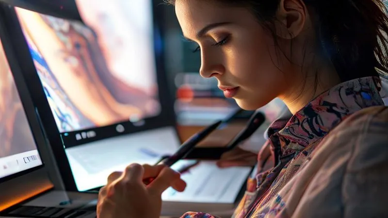 A close-up, photorealistic, professional photography shot of a retoucher's hands meticulously working on a large screen displaying a fashion portrait. The retoucher is using a Wacom pen tablet, carefully applying subtle adjustments to the model's skin, with a focus on preserving natural texture. Cinematic lighting illuminates the screen and hands, sharp focus on the details, depth of field blurring the background, 8K hyper-detailed, shot on a high-end DSLR.