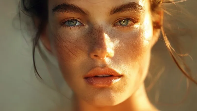 A photorealistic, professional photography shot of a fashion model with a confident, serene expression, her face softly illuminated by natural light. Her skin shows subtle, beautiful, natural texture and pores, meticulously enhanced to perfection without losing authenticity. The background is a soft, dreamlike blur, emphasizing the model. Cinematic lighting, sharp focus on the model's eyes and skin, depth of field, 8K hyper-detailed, shot on a high-end DSLR.