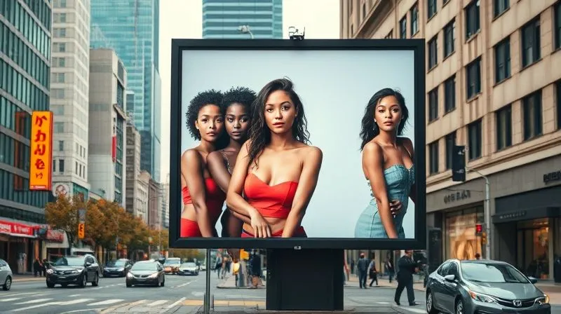 A visually disjointed marketing campaign billboard, with diverse models awkwardly positioned or clearly photoshopped onto a backdrop that doesn't align with their authentic representation, creating a sense of superficiality and forced inclusivity. The scene is an urban street, professional photography, 8K, cinematic lighting, sharp focus on the billboard, depth of field subtly blurring the foreground, shot on a high-end DSLR.