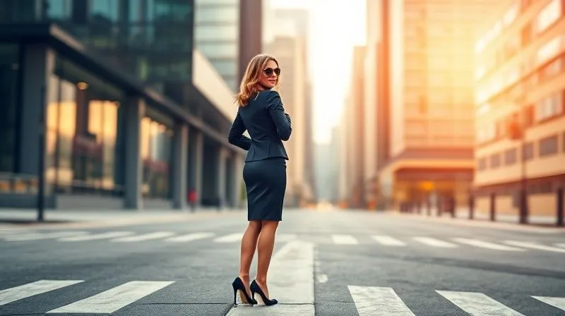 A single, elegantly dressed woman (representing a visionary brand leader) standing confidently at a crossroads in a modern, architecturally interesting urban setting, looking towards a bright, open future. The blurred cityscape in the background symbolizes industry change and opportunity. Her posture is strong yet inviting, embodying leadership and purpose. Photorealistic, professional photography, 8K, cinematic lighting, sharp focus on the woman, depth of field subtly blurring the background, shot on a high-end DSLR.