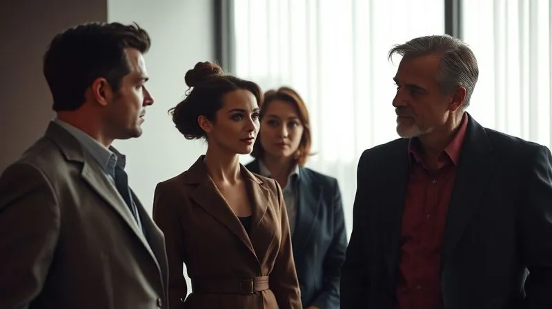 A photorealistic, professional photography, 8K, cinematic lighting, sharp focus, depth of field, shot on a high-end DSLR image depicting three characters interacting, their costumes subtly revealing their relational dynamics. One character in the foreground wears a commanding, structured outfit, while another wears softer, more compliant attire, slightly in shadow. A third character, partially obscured, shows a costume that's a blend, indicating a transitional or conflicted status. The composition emphasizes their spatial and visual relationship through their clothing.