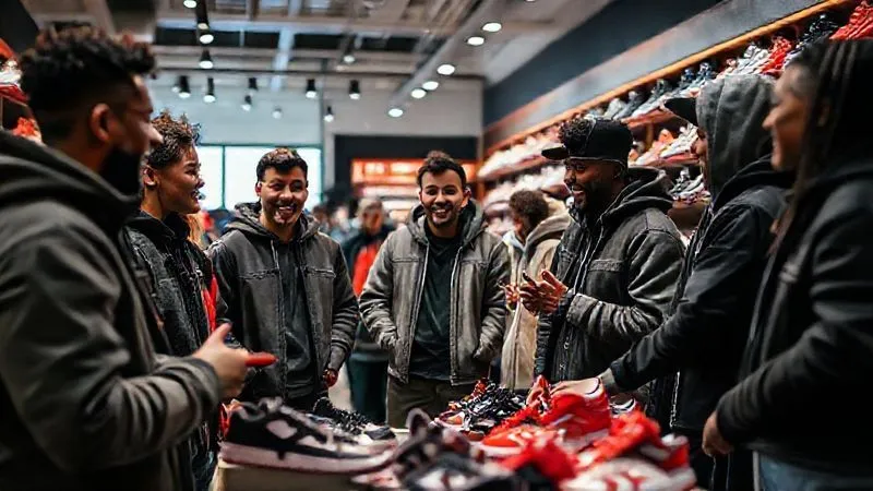 A photorealistic, professional photography, 8K, cinematic lighting, sharp focus, depth of field shot of a diverse group of young, stylish sneaker enthusiasts gathered in a vibrant, modern sneaker store. They are interacting, laughing, and admiring new releases, with a store owner engaging with them. The scene emphasizes community, passion, and brand loyalty in sneaker culture.