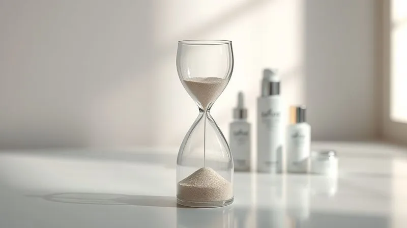 Photorealistic, professional photography, 8K, cinematic lighting, sharp focus, depth of field, shot on a high-end DSLR. A serene, minimalist scene depicting a single, elegant hourglass with fine sand slowly flowing. Beside it, a beautifully arranged set of anti-aging skincare products. The image conveys the passage of time, patience, and the gradual, consistent effort required for anti-aging results, with soft, warm light.