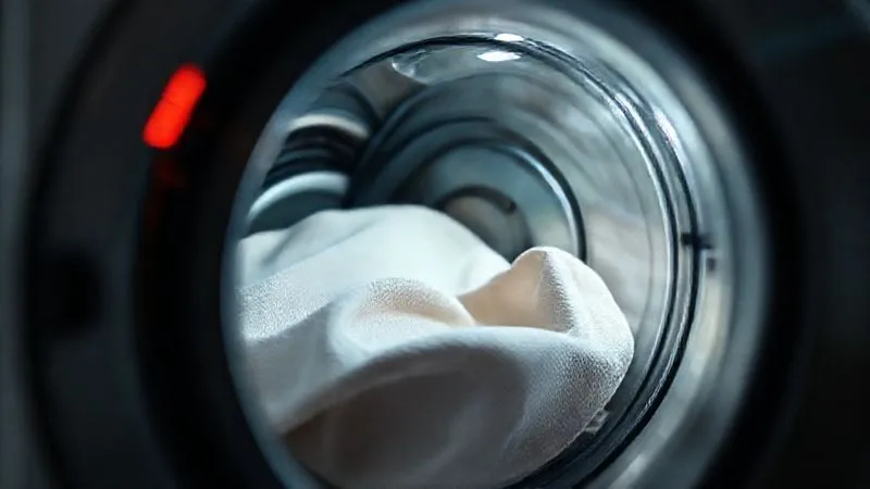 A photorealistic, professional photography, 8K, cinematic lighting, of a smart fabric swatch undergoing an accelerated wash cycle test in a specialized lab machine, with digital readouts and a technician observing. Sharp focus, depth of field, high-end DSLR.