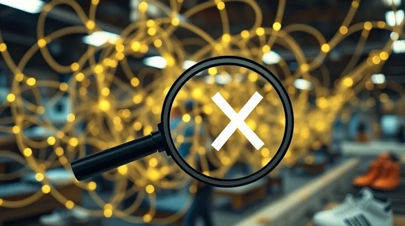 Photorealistic, professional photography, 8K, cinematic lighting, sharp focus, depth of field, shot on a high-end DSLR. A tangled web of complex, glowing digital lines representing supply chains, with several prominent 'X' marks indicating bottlenecks and challenges. In the foreground, a magnifying glass is held over a specific 'X', symbolizing the identification of sourcing obstacles for vegan materials. The background is slightly blurred with subtle hints of footwear production. The mood is analytical and problem-solving.