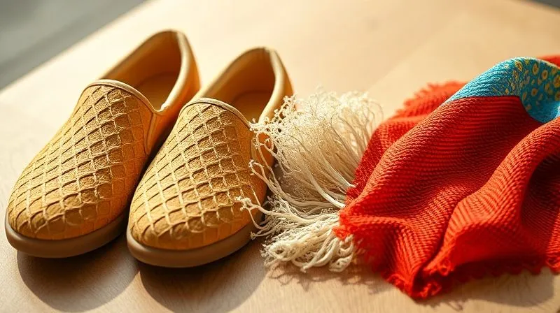 Photorealistic, professional photography, 8K, cinematic lighting, sharp focus, depth of field, shot on a high-end DSLR. A close-up shot of various innovative vegan footwear materials displayed artfully: textured pineapple leather, soft mushroom mycelium, sleek apple leather, and vibrant recycled ocean plastic fabric. The materials are arranged on a minimalist, sustainable wooden surface, bathed in natural light, highlighting their unique textures and colors. A hand gently touches one of the materials, symbolizing exploration and discovery. The mood is one of innovation and natural beauty.