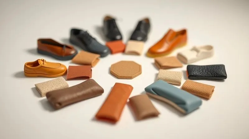 Photorealistic, professional photography, 8K, cinematic lighting, sharp focus, depth of field, shot on a high-end DSLR. A diverse array of miniature vegan footwear material samples (e.g., small swatches of pineapple leather, apple leather, mushroom leather, recycled synthetic fabric) meticulously arranged in a hexagonal pattern on a clean, modern white surface. Each sample is distinctly lit, highlighting its texture and unique properties, symbolizing a diversified material portfolio and strategic risk mitigation. The background is a softly blurred, neutral tone, emphasizing the materials.