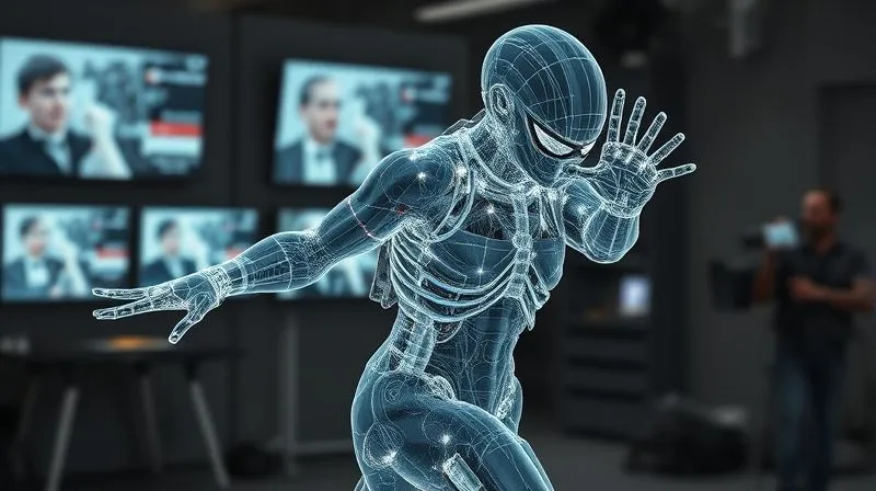 photorealistic, professional photography, 8K, cinematic lighting, sharp focus, depth of field, shot on a high-end DSLR, A detailed digital rendering of a complex special effects costume being virtually stress-tested in a dynamic pose. Overlayed wireframes highlight potential impact zones and points of strain on the costume's structure, with a film crew in the blurred background observing on monitors. Emotion: analytical, high-tech, proactive.