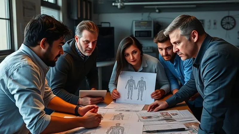 photorealistic, professional photography, 8K, cinematic lighting, sharp focus, depth of field, shot on a high-end DSLR, A diverse group of film crew members (costume designer, stunt coordinator, director) gathered around a table with costume sketches and stunt diagrams, engaged in an intense, collaborative discussion. Their expressions are serious and focused, emphasizing teamwork and problem-solving. Emotion: collaborative, strategic, professional.