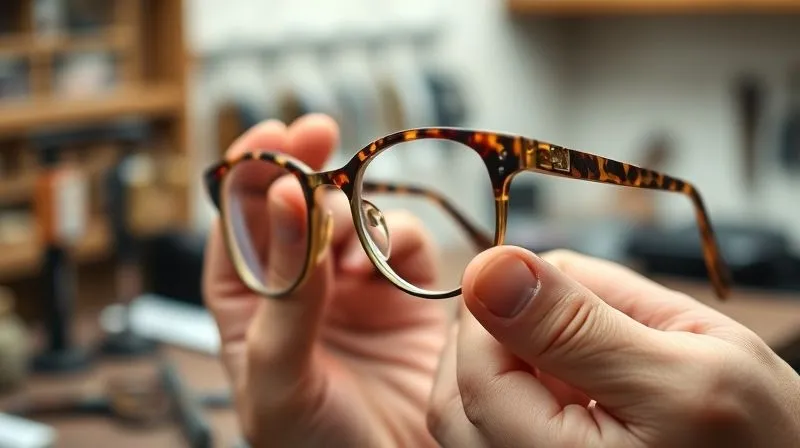 A close-up, photorealistic, professional photography shot of a skilled optician's hands, gently holding a delicate, ornate vintage eyeglass frame made of tortoiseshell or gold-filled metal, with a modern lens carefully positioned above it, ready for insertion. The background is a softly blurred optical workshop, with tools and other vintage frames hinting at craftsmanship. Cinematic lighting highlights the texture of the frame and the precision of the hands. Sharp focus on the frame and lens, with a shallow depth of field. The scene evokes a sense of care, precision, and the preservation of heritage. 8K hyper-detailed, shot on a high-end DSLR.